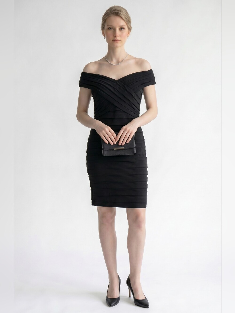 Tadashi Collection Black Pleated Off-Shoulder Cocktail Dress Size M